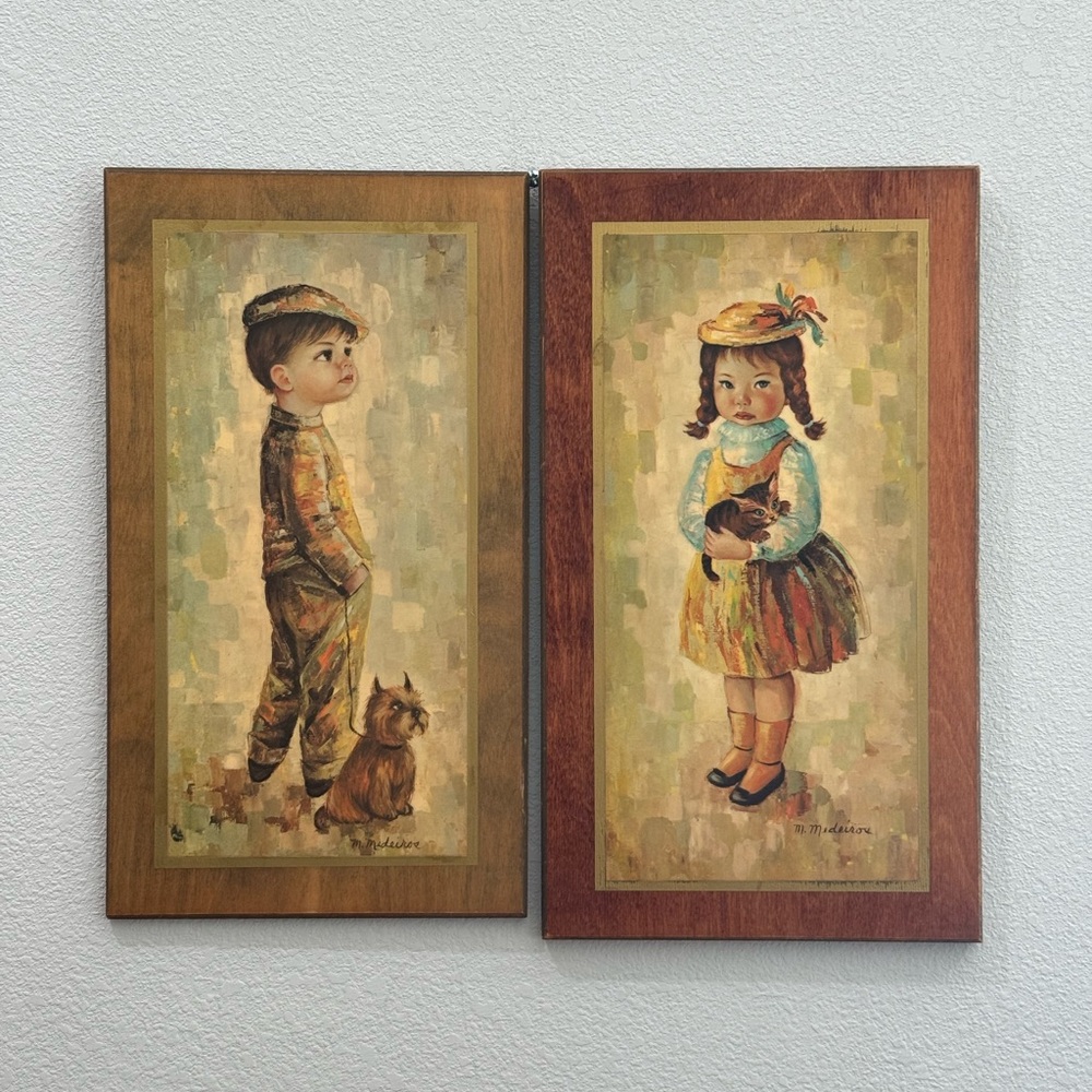 Mid Century Medeiros Girl with Cat and Boy with Dog Big Eye Wall Art